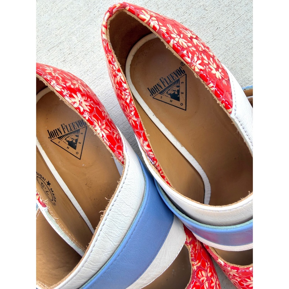 John Fluevog Effortless Felicity Floral Buckle Pumps Red White Block Heels 7.5 - Picture 5 of 9